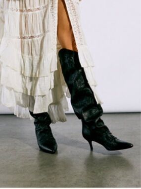 NWT- Free People- Black Sloane Slouch Boot- Leather Knee-High Boots- Size 38 EU